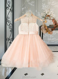 Pauline A-Line Knee-length Flower Girl Dress - Satin/Tulle/Lace Sleeveless Scoop Neck With Beading (Undetachable sash) UKP0015890