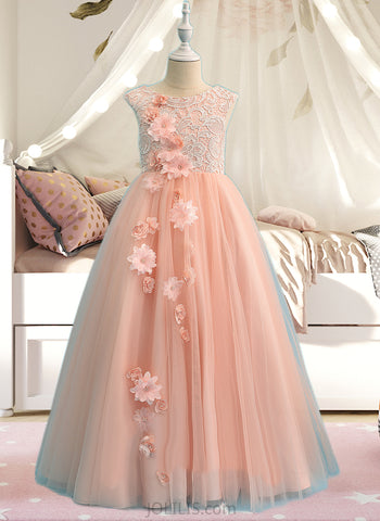 Liana Ball-Gown/Princess Floor-length Flower Girl Dress - Tulle/Lace Sleeveless Scoop Neck With Beading/Flower(s) UKP0015891