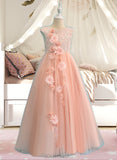 Liana Ball-Gown/Princess Floor-length Flower Girl Dress - Tulle/Lace Sleeveless Scoop Neck With Beading/Flower(s) UKP0015891