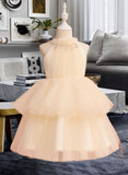 Sally Ball-Gown/Princess Knee-length Flower Girl Dress - Tulle Sleeveless High Neck With Rhinestone UKP0015892