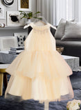 Sally Ball-Gown/Princess Knee-length Flower Girl Dress - Tulle Sleeveless High Neck With Rhinestone UKP0015892