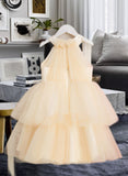 Sally Ball-Gown/Princess Knee-length Flower Girl Dress - Tulle Sleeveless High Neck With Rhinestone UKP0015892