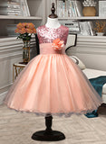 Meredith Ball-Gown/Princess Knee-length Flower Girl Dress - Tulle/Sequined/Cotton Blends Sleeveless Scoop Neck With Flower(s) UKP0015894