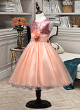 Meredith Ball-Gown/Princess Knee-length Flower Girl Dress - Tulle/Sequined/Cotton Blends Sleeveless Scoop Neck With Flower(s) UKP0015894