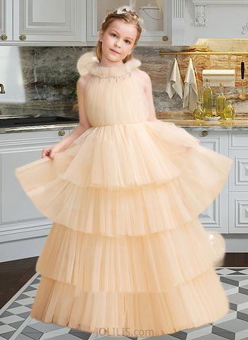 Layla Ball-Gown/Princess Floor-length Flower Girl Dress - Tulle Sleeveless High Neck UKP0015895