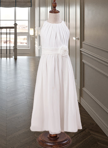 Mikaela A-Line Ankle-length Flower Girl Dress - Chiffon Sleeveless Scoop Neck With Flower(s) (Undetachable sash) UKP0015896