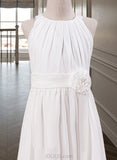 Mikaela A-Line Ankle-length Flower Girl Dress - Chiffon Sleeveless Scoop Neck With Flower(s) (Undetachable sash) UKP0015896