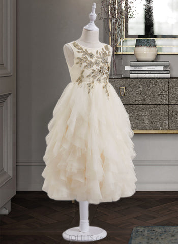 Abigayle A-Line Tea-length Flower Girl Dress - Tulle/Lace Sleeveless Scoop Neck With Beading/V Back UKP0015898