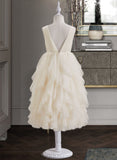 Abigayle A-Line Tea-length Flower Girl Dress - Tulle/Lace Sleeveless Scoop Neck With Beading/V Back UKP0015898