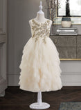 Abigayle A-Line Tea-length Flower Girl Dress - Tulle/Lace Sleeveless Scoop Neck With Beading/V Back UKP0015898