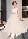 Diamond A-Line Ankle-length Flower Girl Dress - Satin/Tulle Sleeveless Scoop Neck With Beading UKP0015899