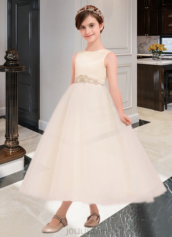 Diamond A-Line Ankle-length Flower Girl Dress - Satin/Tulle Sleeveless Scoop Neck With Beading UKP0015899