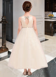 Diamond A-Line Ankle-length Flower Girl Dress - Satin/Tulle Sleeveless Scoop Neck With Beading UKP0015899