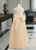 Breanna Ball-Gown/Princess Floor-length Flower Girl Dress - Tulle Short Sleeves Scoop Neck With Lace/Bow(s) UKP0015901