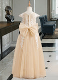 Breanna Ball-Gown/Princess Floor-length Flower Girl Dress - Tulle Short Sleeves Scoop Neck With Lace/Bow(s) UKP0015901