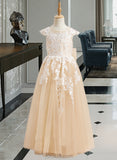 Breanna Ball-Gown/Princess Floor-length Flower Girl Dress - Tulle Short Sleeves Scoop Neck With Lace/Bow(s) UKP0015901