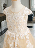 Breanna Ball-Gown/Princess Floor-length Flower Girl Dress - Tulle Short Sleeves Scoop Neck With Lace/Bow(s) UKP0015901