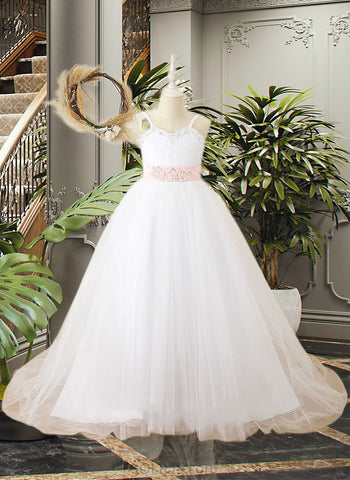 Danna Ball-Gown/Princess Floor-length Flower Girl Dress - Satin Sleeveless Straps With Sash/Rhinestone (Detachable sash) UKP0015903