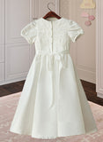 Nathalia A-Line Ankle-length Flower Girl Dress - Satin/Lace Short Sleeves Scoop Neck UKP0015908