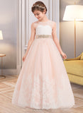 Madeleine Ball-Gown/Princess Floor-length Flower Girl Dress - Satin/Tulle/Lace Sleeveless Scoop Neck With Beading UKP0015909