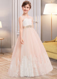 Madeleine Ball-Gown/Princess Floor-length Flower Girl Dress - Satin/Tulle/Lace Sleeveless Scoop Neck With Beading UKP0015909