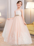 Madeleine Ball-Gown/Princess Floor-length Flower Girl Dress - Satin/Tulle/Lace Sleeveless Scoop Neck With Beading UKP0015909