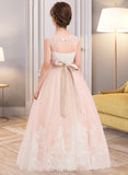 Madeleine Ball-Gown/Princess Floor-length Flower Girl Dress - Satin/Tulle/Lace Sleeveless Scoop Neck With Beading UKP0015909