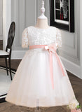 Holly A-Line Knee-length Flower Girl Dress - Tulle/Lace Short Sleeves Scoop Neck With Sash/Flower(s) UKP0015910