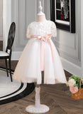 Holly A-Line Knee-length Flower Girl Dress - Tulle/Lace Short Sleeves Scoop Neck With Sash/Flower(s) UKP0015910