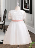 Holly A-Line Knee-length Flower Girl Dress - Tulle/Lace Short Sleeves Scoop Neck With Sash/Flower(s) UKP0015910