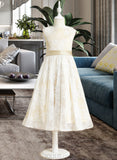 Martina A-Line Tea-length Flower Girl Dress - Satin/Lace Sleeveless Scoop Neck With Bow(s) UKP0015912