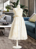 Martina A-Line Tea-length Flower Girl Dress - Satin/Lace Sleeveless Scoop Neck With Bow(s) UKP0015912