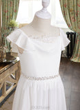 Karina A-Line Ankle-length Flower Girl Dress - Chiffon/Lace Short Sleeves Scoop Neck With Beading UKP0015914