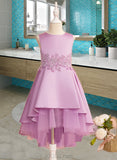 Elsa A-Line Asymmetrical Flower Girl Dress - Satin/Tulle Sleeveless Scoop Neck With Lace/Beading/Bow(s) UKP0015915