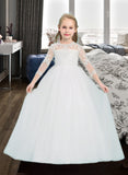 Madison Ball-Gown/Princess Floor-length Flower Girl Dress - Tulle 3/4 Sleeves Scoop Neck UKP0015916