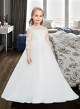 Madison Ball-Gown/Princess Floor-length Flower Girl Dress - Tulle 3/4 Sleeves Scoop Neck UKP0015916