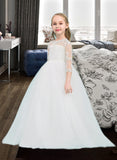 Madison Ball-Gown/Princess Floor-length Flower Girl Dress - Tulle 3/4 Sleeves Scoop Neck UKP0015916