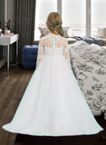 Madison Ball-Gown/Princess Floor-length Flower Girl Dress - Tulle 3/4 Sleeves Scoop Neck UKP0015916