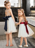 Delaney A-Line Knee-length Flower Girl Dress - Satin/Tulle/Sequined Sleeveless Scoop Neck With Sequins/Bow(s) (Undetachable sash) UKP0015917