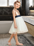 Delaney A-Line Knee-length Flower Girl Dress - Satin/Tulle/Sequined Sleeveless Scoop Neck With Sequins/Bow(s) (Undetachable sash) UKP0015917