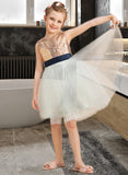 Delaney A-Line Knee-length Flower Girl Dress - Satin/Tulle/Sequined Sleeveless Scoop Neck With Sequins/Bow(s) (Undetachable sash) UKP0015917