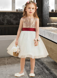 Delaney A-Line Knee-length Flower Girl Dress - Satin/Tulle/Sequined Sleeveless Scoop Neck With Sequins/Bow(s) (Undetachable sash) UKP0015917