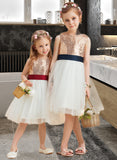 Delaney A-Line Knee-length Flower Girl Dress - Satin/Tulle/Sequined Sleeveless Scoop Neck With Sequins/Bow(s) (Undetachable sash) UKP0015917