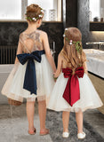 Delaney A-Line Knee-length Flower Girl Dress - Satin/Tulle/Sequined Sleeveless Scoop Neck With Sequins/Bow(s) (Undetachable sash) UKP0015917