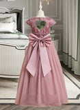 Jaidyn Ball-Gown/Princess Floor-length Flower Girl Dress - Tulle/Lace Short Sleeves Scoop Neck With Bow(s) UKP0015918