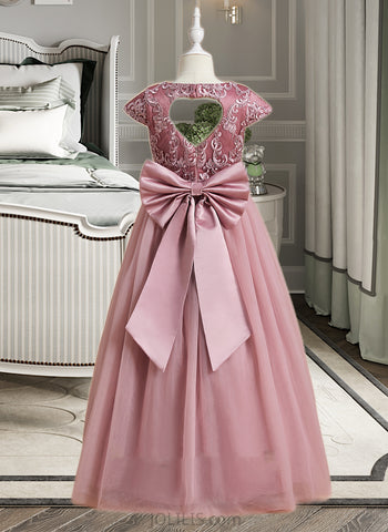 Jaidyn Ball-Gown/Princess Floor-length Flower Girl Dress - Tulle/Lace Short Sleeves Scoop Neck With Bow(s) UKP0015918