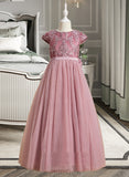 Jaidyn Ball-Gown/Princess Floor-length Flower Girl Dress - Tulle/Lace Short Sleeves Scoop Neck With Bow(s) UKP0015918