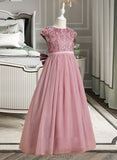 Jaidyn Ball-Gown/Princess Floor-length Flower Girl Dress - Tulle/Lace Short Sleeves Scoop Neck With Bow(s) UKP0015918