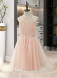 Kaylee A-Line/Princess Knee-length Flower Girl Dress - Tulle/Charmeuse Sleeveless Halter With Back Hole UKP0015920