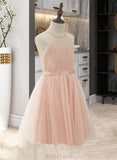 Kaylee A-Line/Princess Knee-length Flower Girl Dress - Tulle/Charmeuse Sleeveless Halter With Back Hole UKP0015920